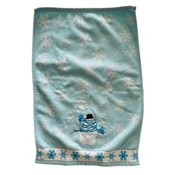 Holiday Snowman Hand Towel Embroidered Appliqué Snowflakes Light Blue White - Picture 3 of 9